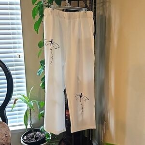 New Beachy White Gauzy Pant Elastic Waist Dragonfly Pockets Travel Comfy XXL